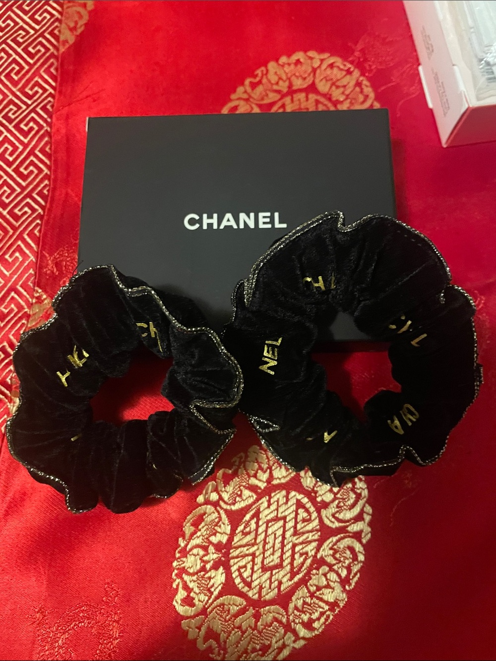 CHANEL Beaute GWP Black Velvet Logo Scrunchie Pair with Gold Script